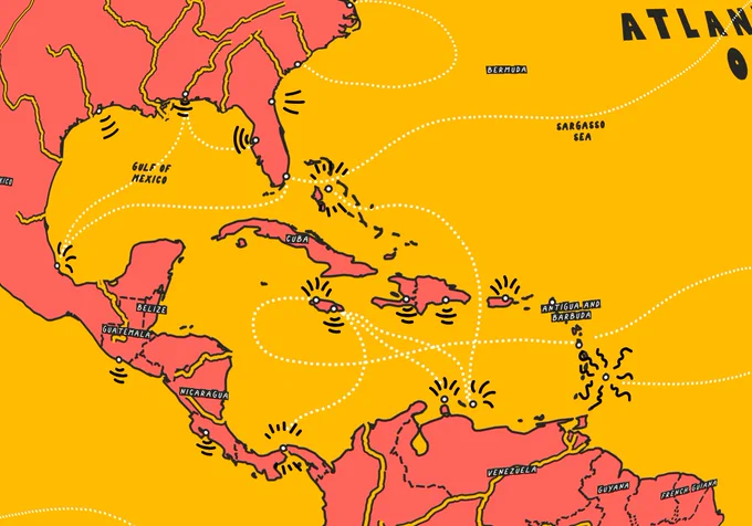 A map of the Gulf of Mexico drawn in the style of Keith Haring. From Mapbox.