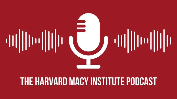Crimson graphic with a microphone and sound waves and the text, "The Harvard Macy Institute Podcast". 