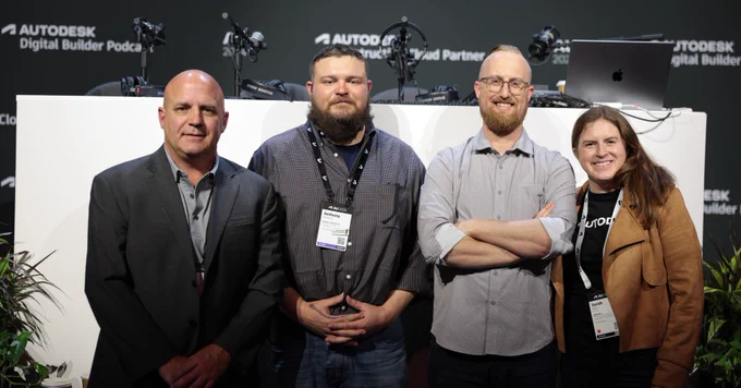 Four people standing in front of an "Autodesk Digital Builder Podcast" backdrop, smiling at the camera.