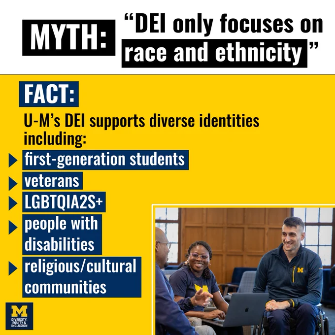 Graphic by University of Michigan debunking the myth that DEI only focuses on race and ethnicity, stating it supports diverse identities including first-generation students, LGBTQIA2S , and religious/cultural communities on a maize background. Includes a photo of three people with laptops—male on far right is in a wheelchair. 