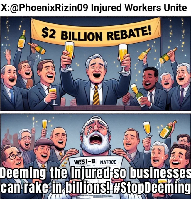 Split screen:Top Half: CEOs clinking champagne glasses under a banner that reads: “$2 Billion Rebate!”Bottom Half: An injured worker in tears