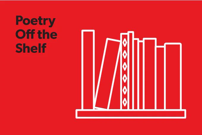 Logo of Poetry Off the Shelf featuring a stylized bookshelf with various upright books, against a red background.