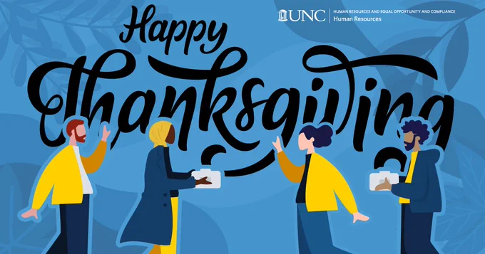 Happy Thanksgiving - stylized image of four people standing two on either side, facing each other in the center. Two people are holding covered food dishes and the other two are waving at the others.
