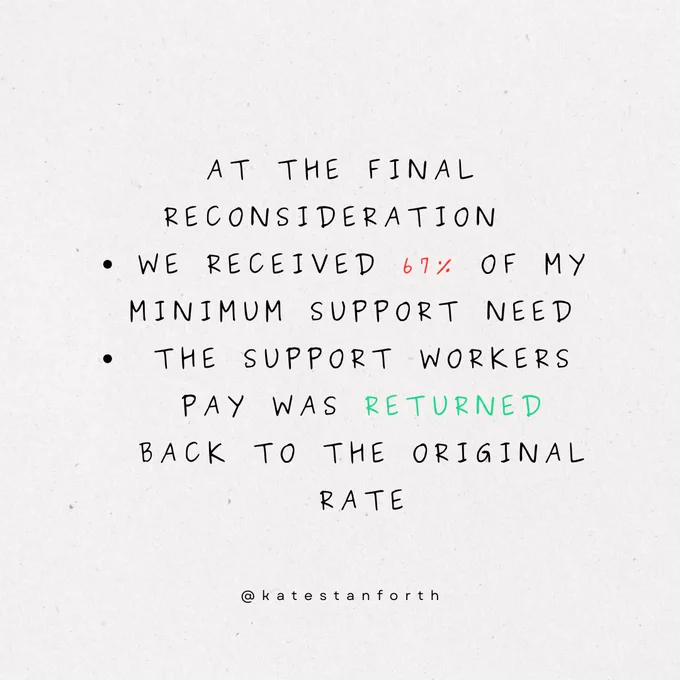 At the final reconsideration 
we received 67% of my minimum support need 
The support workers pay was returned back to the original rate