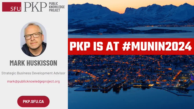 E-card for Mark Huskisson, PKP Strategic Business Development Advisor. His email address is mark@publicknowledgeproject.org 

The PKP logo and website, pkp.sfu.ca, is also on the card, along with the message that PKP is at hashtag Munin 2024, the Munin Conference. 

The PKP branding is red, grey and white. The setting sun over the snowy mountain range and waters offers a contrast of gold and blue, complimenting the glow of the lights in Tromsø, Norway.

The background photograph is by Harry Jaschhof on unslpash.