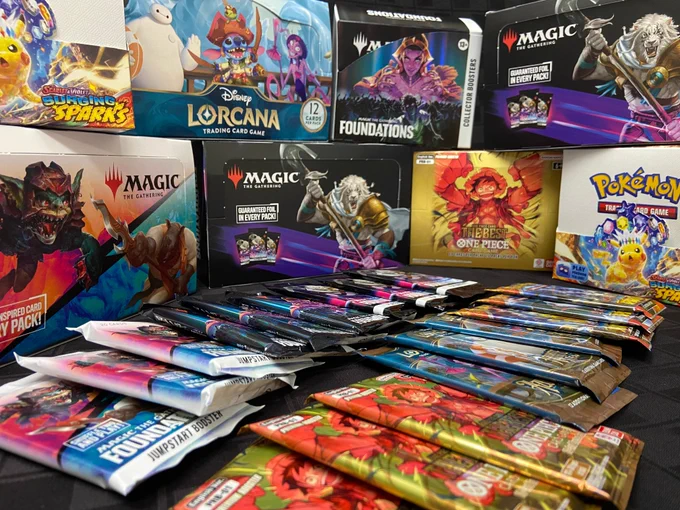 Image of booster packs for Pokemon, Lorcana, MTG, and One Piece.