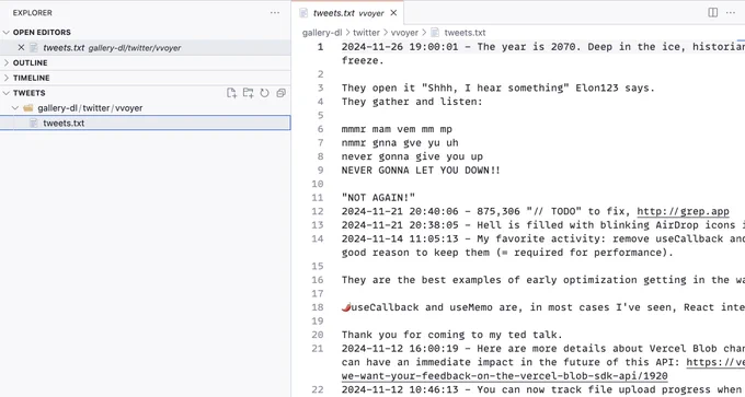 Example of a tweets.txt file with my tweets in it