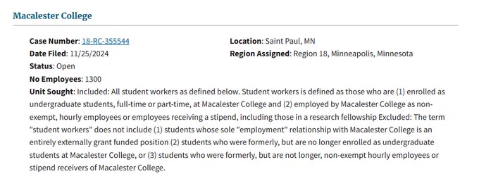 Pictured is a filing from the National Labor relations Board website showing a petition for certification of a labor organization as the representative of a collective bargaining unit.  The employer is Macalester College located in Saint Paul, Minnesota.  There are 1,300 employees in the proposed bargaining unit made up of All student workers as defined below. Student workers is defined as those who are (1) enrolled as undergraduate students, full-time or part-time, at Macalester College and (2) employed by Macalester College as non-exempt, hourly employees or employees receiving a stipend, including those in a research fellowship 
