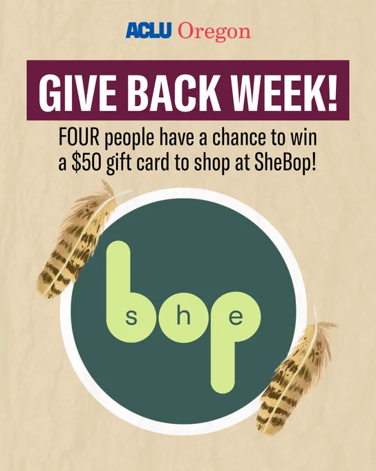 The image has a tan background, and at the top, says, "Give back week: Four people have a chance to win a $50 gift card to shop at SheBop!" In the middle is a dark green circle with the SheBop logo with two feather images on either side.
