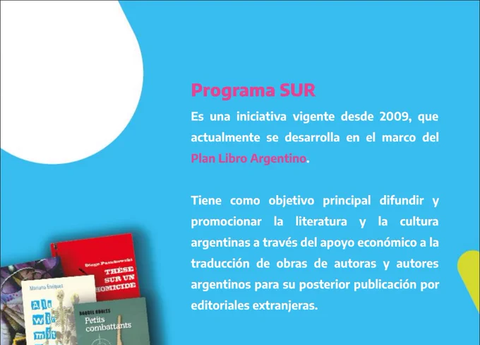 Sobre fondo celeste y en letras en rosa y blanco, se lee: Programa SUR. Es una iniciativa vigente desde 2009, que actualmente se desarrolla en el marco del Plan Libro Argentino. Tiene como objetivo principal difundir y promocionar la literatura y la cultura argentinas a través del apoyo económico a la traducción de obras de autoras y autores argentinos para su posterior publicación por editoriales extranjeras. En el borde inferior izquierdo, las tapas de cuatro libros con portadas en alemán y en francés.