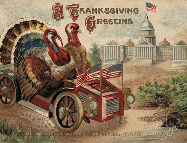 A postcard stating "A Thanksgiving Greeting" with two turkeys driving a car in front of the Capitol
