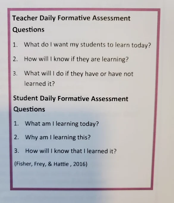 Handout lists daily formative assessment questions for both teachers and students (i.e. "What do I want my students to learn today," "What am I learning today," etc.)
