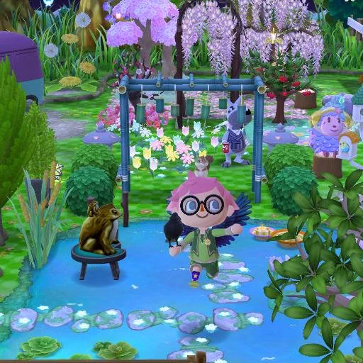Screenshot from animal crossing Pocket Camp. Pink haired avatar with black wings in front of a garden and pond