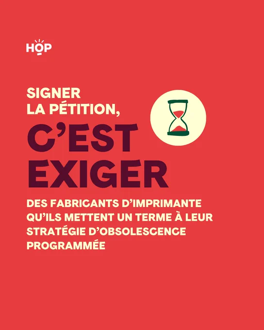 Le géant des imprimantes est dans notre ligne de mire pour obsolescence programmée. 
Nous demandons l'ouverture d'une enquête pour mettre fin à ces pratiques. Nous avons besoin de vous !
Signez la pétition pour exiger des produits plus durables.
https://bit.ly/3Z2bXsB