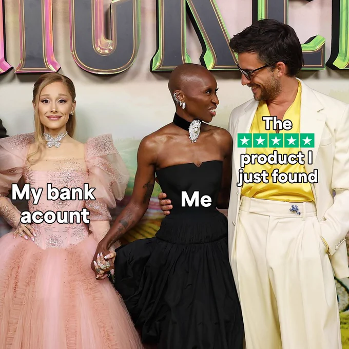 Three cast members at the premiere of the film, Wicked, with humorous text overlay relating to personal finance and shopping excitement. The backdrop features the title "WICKED".