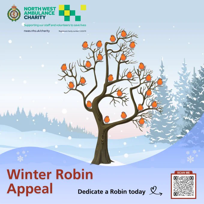 Promotional image for the North West Ambulance Charity's Winter Robin Appeal, featuring a stylized tree with orange robins perched on its branches, set against a snowy background. Includes a QR code for donations.