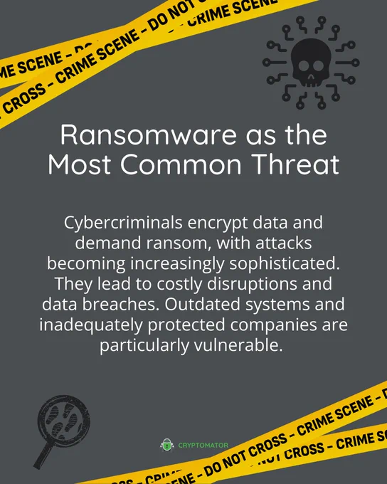 A visual representation explaining ransomware as the most common cyber threat, detailing its impact on healthcare, education, and finance sectors.
