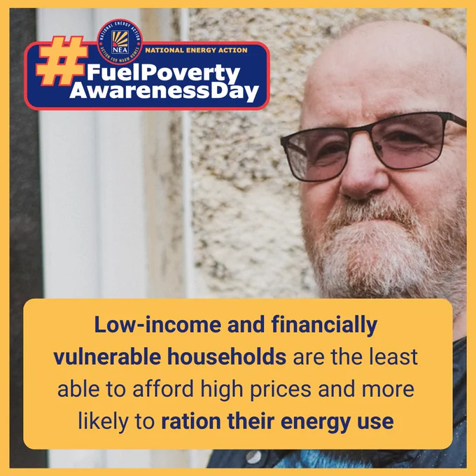 Image of an older white man with a beard and tinted glasses. Text reads: Low income and financially vulnerable households are the least able to afford high prices and more likely to ration their energy use.