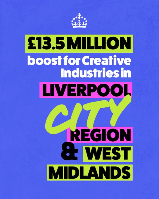 Graphic reading "£13.5 million boost for Creative Industries in Liverpool City Region & West Midlands"