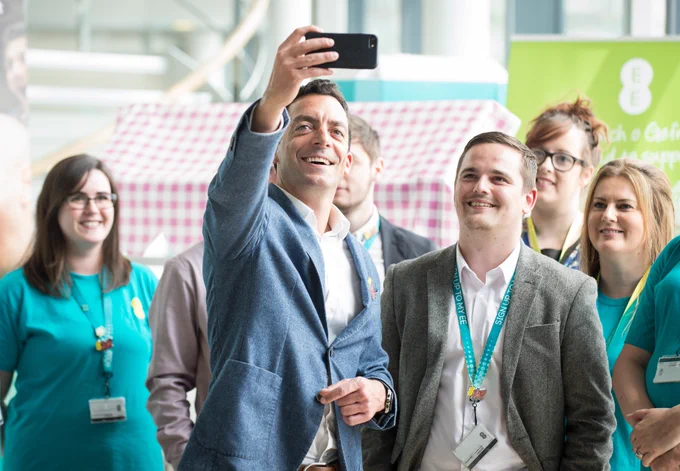 Smiling for a selfie with colleagues in Merthyr. 