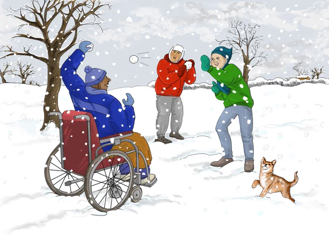 An illustrated image of a group of three friends having a snowball fight in a snowy field. One of them is in a wheelchair. There is a small dog playing in the snow.