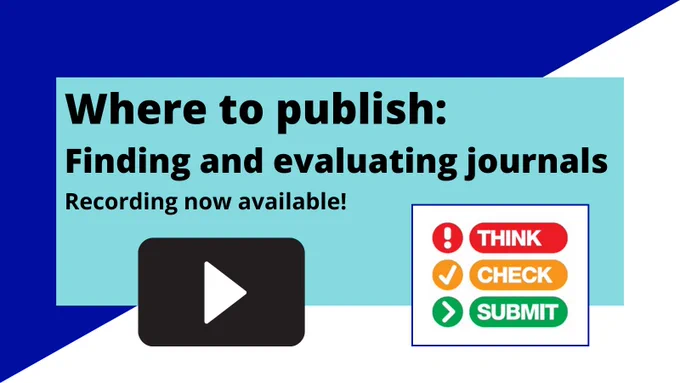 Play recording button and Think. Check. Submit. logo below text: Where to publish: Finding and evaluating journals. Recording now available! 