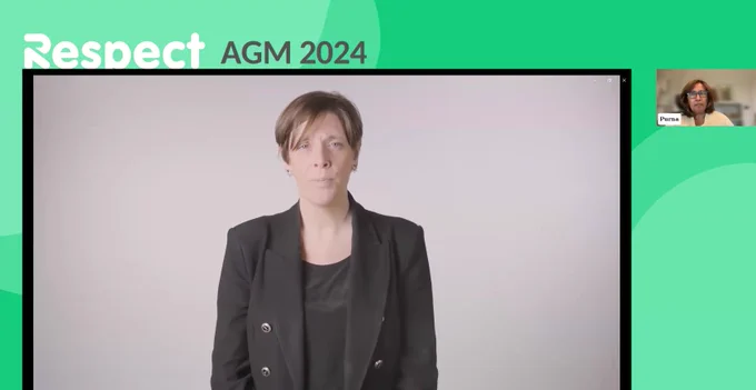 Green background. Respect AGM 2024  at the top in right corner. Image of Jess in the middle and Purna to the top right. 