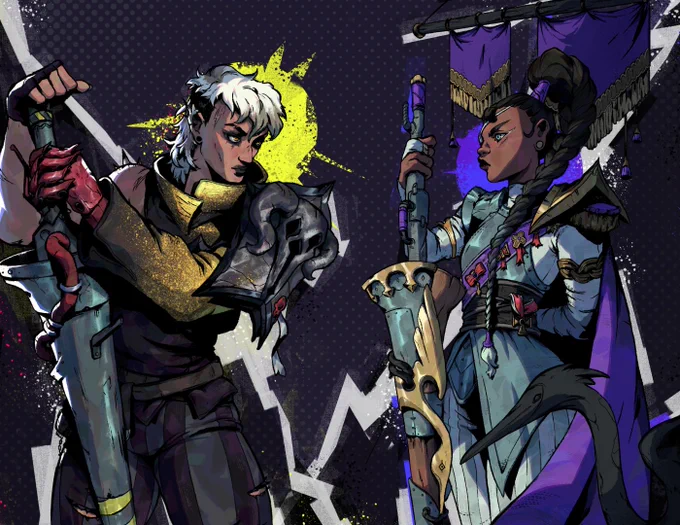 Character illustrations from Reignbreaker. Two women stare at each other, each holding a high-tech weapon that looks like a medieval lance. Clef, on the left, is styled like a punk, whereas Ardea, on the right, is clad in full plate armor.