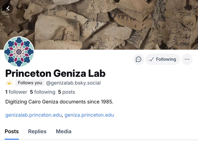 Screenshot of the Princeton Geniza Lab's profile on Bluesky containing the lab's logo, a banner image of Geniza fragments, and a short description of the lab and its websites.