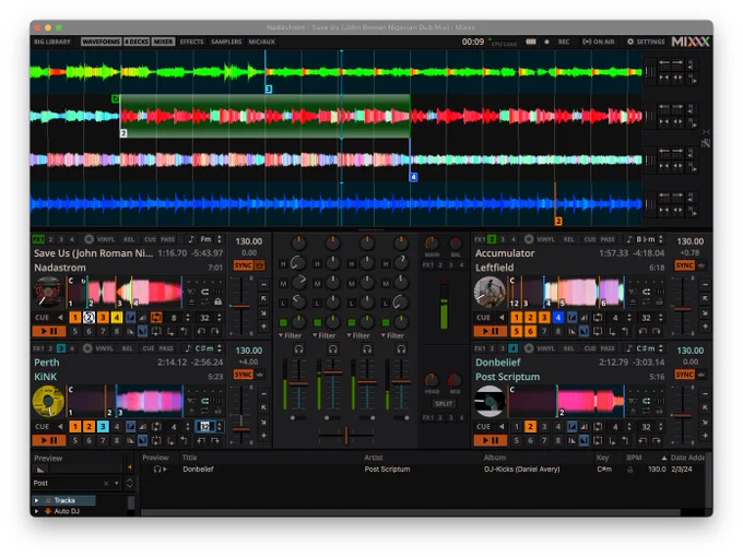 4-deck layout of MIXXX shown with mixer, decks, waveform views. Late Night theme shown.