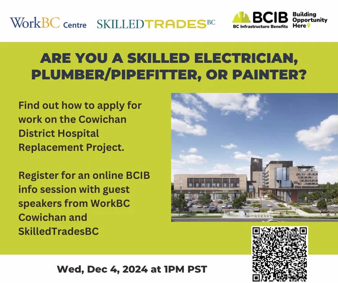 Promotional poster for a BCIB, SkilledTradesBC, and WorkBC Cowichan webinar focused on skilled trades employment, featuring an information session on December 4, 2024. The poster includes an image of a modern building with a clear sky, and has details about registering online along with a QR code.