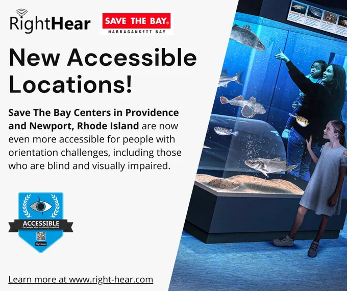 A split image featuring text on one side highlighting a new location accessible with RightHear technology, and on the other side, people admiring fish in an aquarium. 