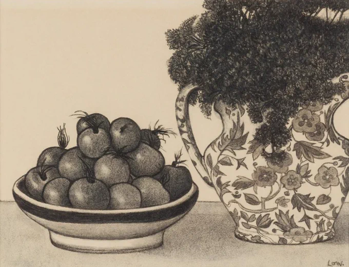 Drawing of a bowl of tomatoes piled up in three layers. To the right of the bowl is a large jug with a glazed floral design across its surface. The tightly curled parsley leaves sit above the rim of the jug. One of the stalks bends down over the rim and almost becomes part of the floral design itself. 