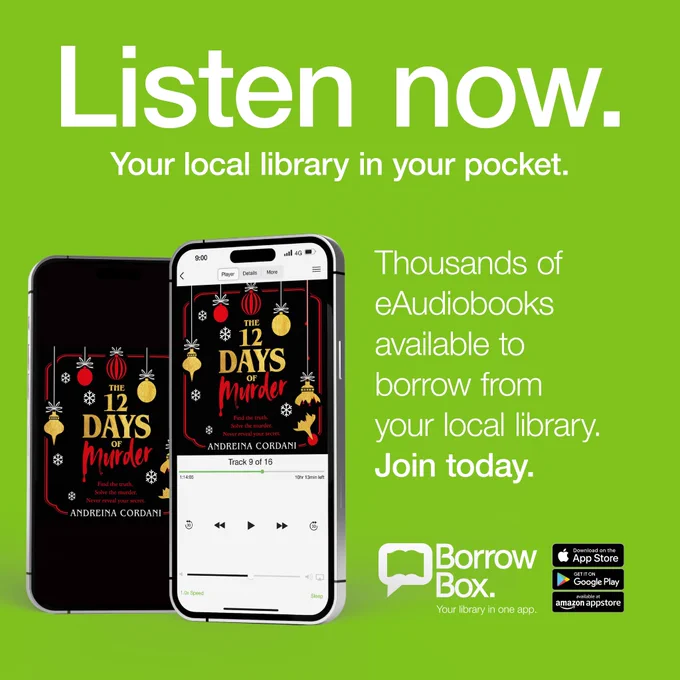 A Borrowbox promotional card for the Twelve Days of Murder 
