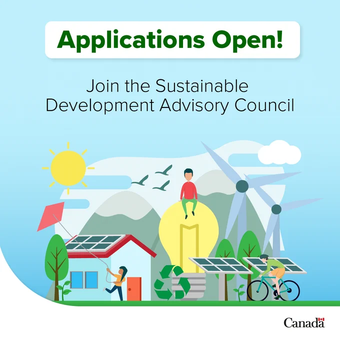 Illustration showing different characters surrounded by nature and a house with solar panels, wind turbines, and mountains in the background. Text: Applications Open!  Join the Sustainable Development Advisory Council