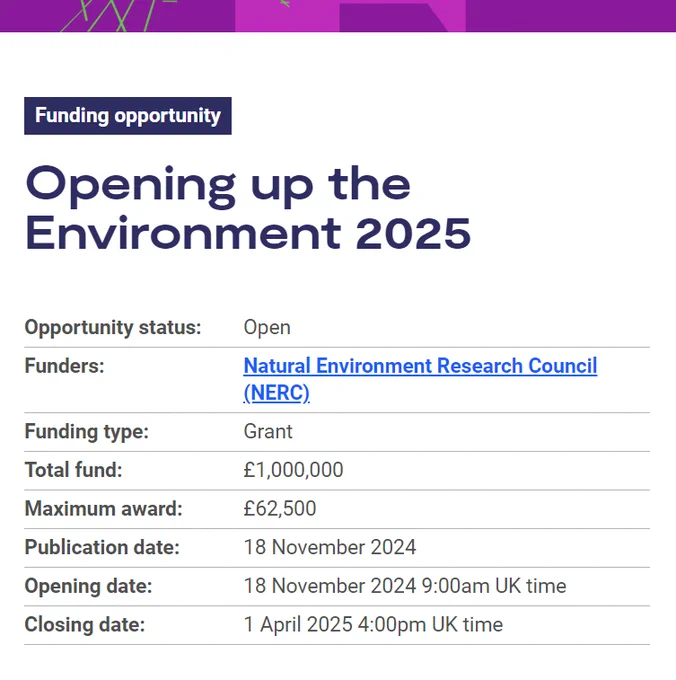Funding opportunity
Funding opportunity:Opening up the Environment 2025
Opportunity status:	Open
Funders:	Natural Environment Research Council (NERC)
Funding type:	Grant
Total fund:	£1,000,000
Maximum award:	£62,500
Publication date:	18 November 2024
Opening date:	18 November 2024 9:00am UK time
Closing date:	1 April 2025 4:00pm UK time