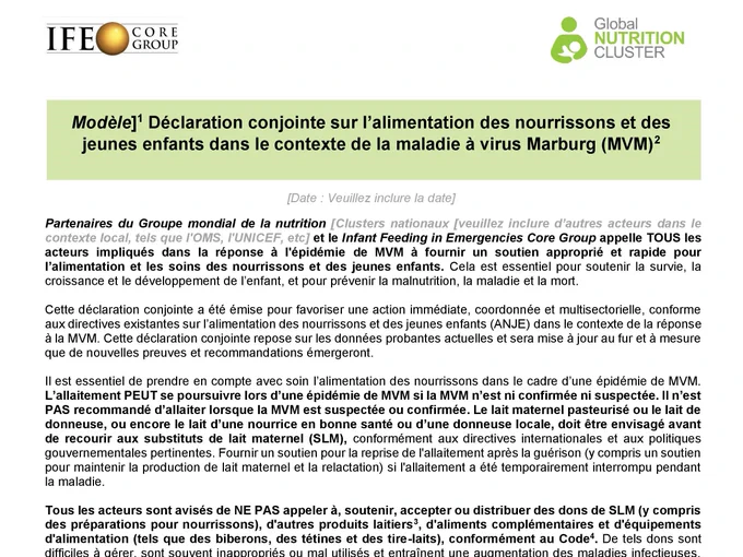 Déclaration conjointe sur l’alimentation des nourrissons et des jeunes enfants dans le contexte de la maladie à virus Marburg