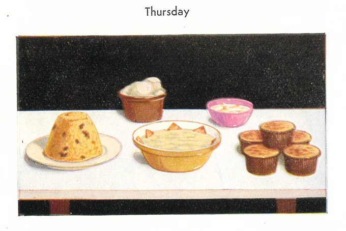 Illustration of menu for Thursday including stewed tripe and onions, steamed plum duff and savoury rice.
