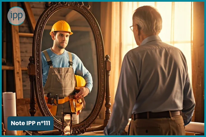 un homme regarde son reflet de lui même jeune et en activité professionnel dans un miroir