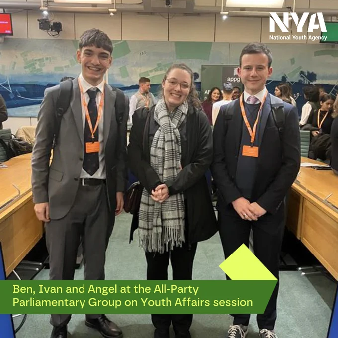 A photo of two young men and a woman at an APPG for Youth Affairs event discussing the upcoming National Youth Strategy