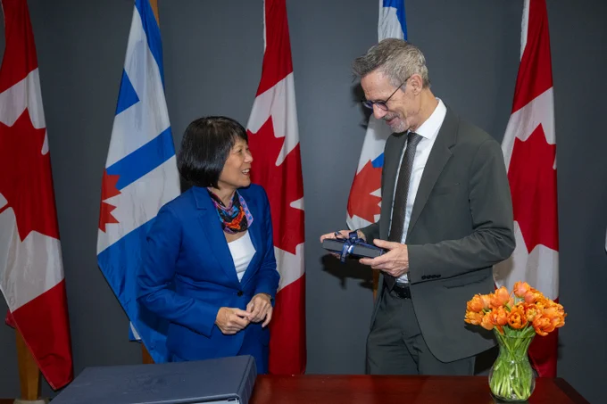 Mayor Olivia Chow greets Consul General of the Netherlands, Harman Idema, at Toronto City Hall.