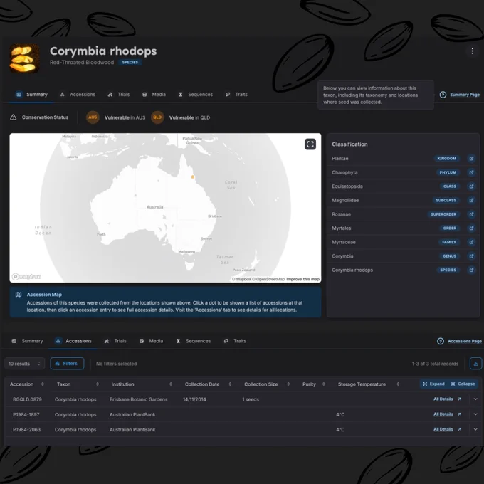 Some screenshots of the Australian Virtual Seedbank interface highlighting Red-throated Bloodwood (Corymbia rhodops). Image shows seed collection sites, size, storage termperature etc.  