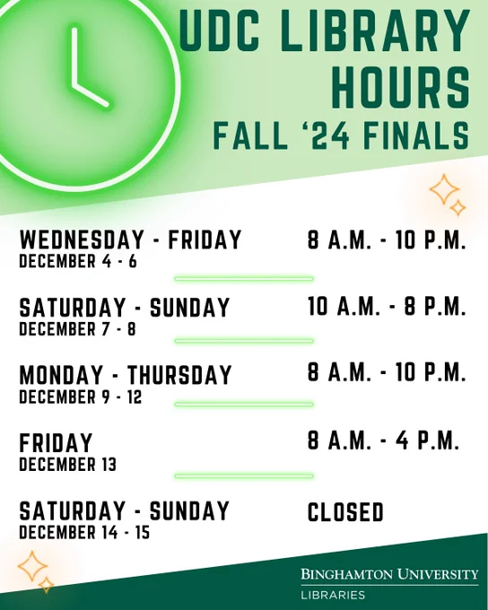 Green and white striped motif with neon green clock image. Text reads: UDC Library Hours Fall '24 Finals. Wednesday through Friday December 4 through 6, 8 a.m. to 10 p.m. Saturday and Sunday December 7 and 8, 10 a.m. to 8 p.m. Monday through Thursday December 9 through 12. 8 a.m. to 10 p.m. Friday December 13 8 a.m. to 4 p.m. Saturday and Sunday, December 14 and 15. Closed.