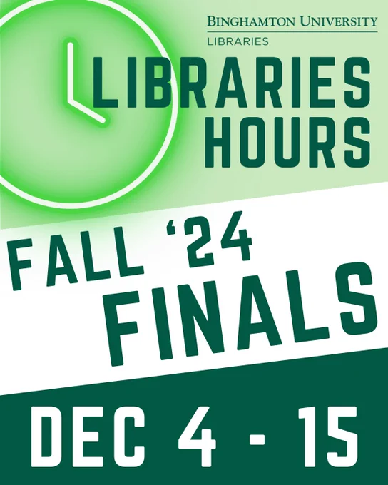 Green and white striped motif with neon green clock image. Text reads: Libraries Hours, Fall '24 Finals. Dec 4 - 15