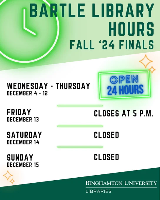 Green and white striped motif with neon green clock image. Text reads: Bartle Library Hours. Fall '24 Finals. Wednesday through Thursday, December 4 through 12 Open 24 Hours. Friday, December 13 closes at 5 p.m. Saturday and Sunday, December 14 and 15, Closed