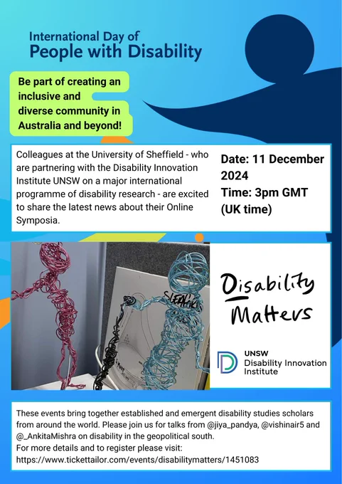 Disability Matters Online symposium. Please join us on 11th December 3pm GMT for talks from @jiya_pandya, @vishinair5 and @_AnkitaMishra on disability in the geopolitical south. For more details and to register please visit: https://www.tickettailor.com/events/disabilitymatters/1451083 