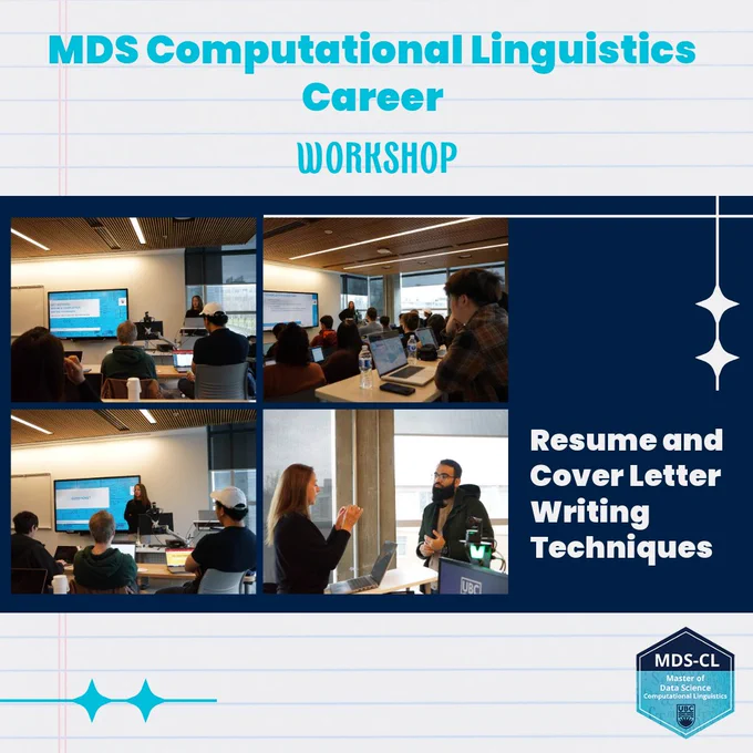 A collage of images from the MDS Computational Linguistics Resume and Cover Letter Workshop.