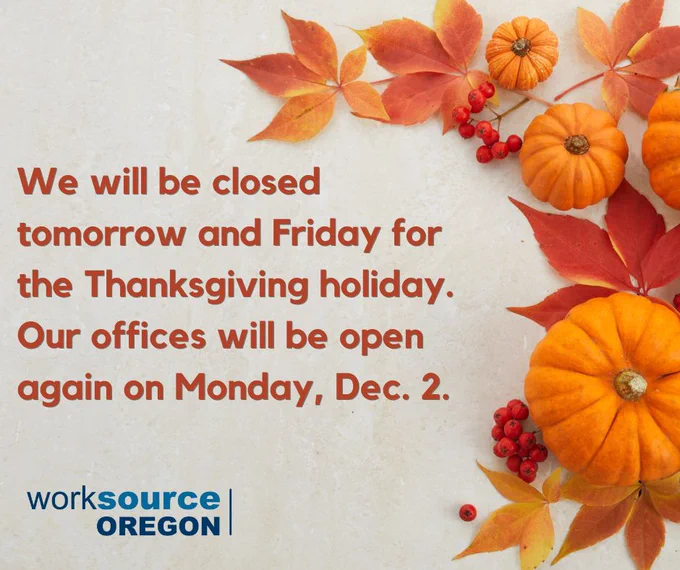 We will be closed tomorrow and Friday for the Thanksgiving holiday.
Our offices will be open again on Monday, Dec. 2