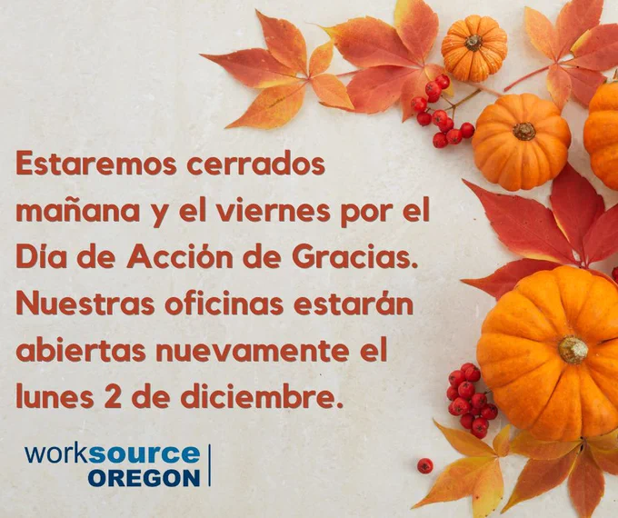 Estaremos cerrados mañana y el viernes por el Día de Acción de Gracias. Nuestras oficinas estarán abiertas nuevamente el lunes 2 de diciembre. 