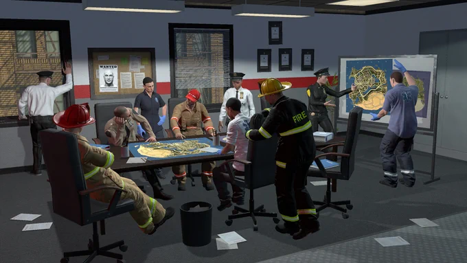 An in-engine screenshot from the game Flashing Lights showing multiple police officers, EMS and firefighters around a table in an office, looking at a city map blueprint as if making plans.